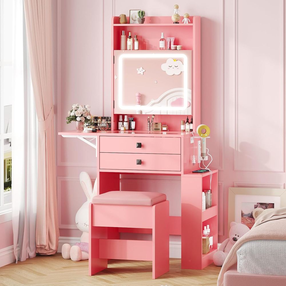 Desk Vanity Setup - Vabches Kleiner Schminktisch mit Vintage-Optik, Rosa