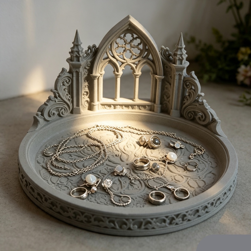 Desk Setup Ideas - 3D-gedrucktes weißes gotisches Kathedralenbogen-Schmucktablett, Schreibtisch-Organizer für